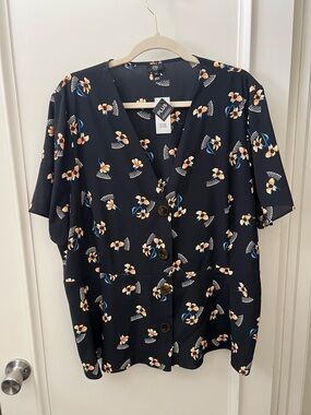 River Island Navy Short Sleeve Floral Button Shirt
